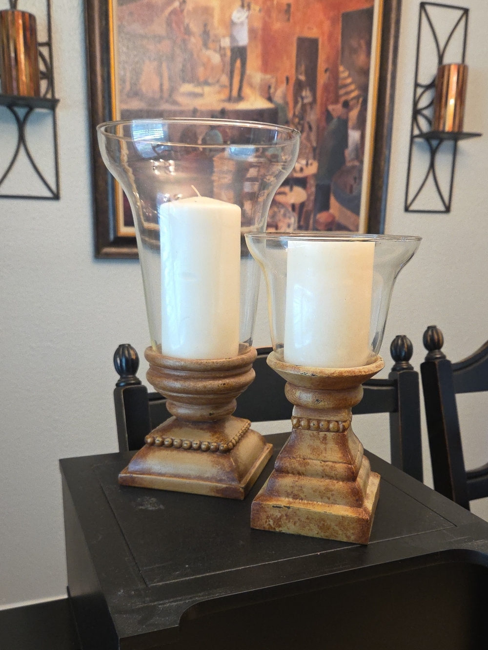 Gold Finish Glass Hurricane Candle Holders - Set of 2